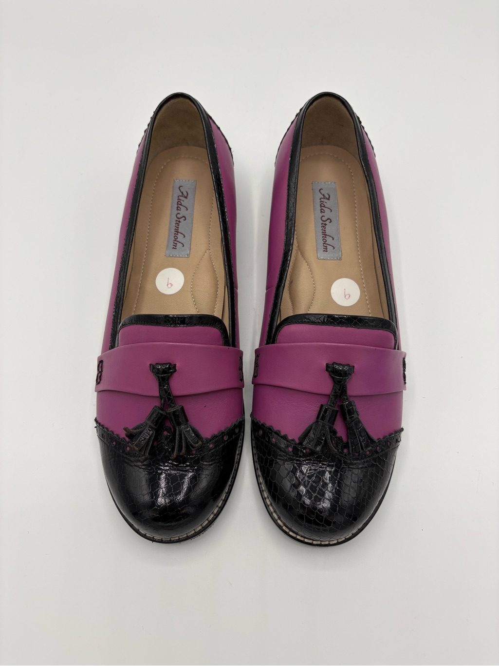 Aida Stenholm Size 9 Loafers Purple Black Leather Croc Embossed Tassel Peru